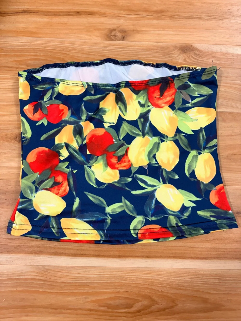 Women’s Navy Fruit-Print Bandeau Swim Top - Yellow & Red